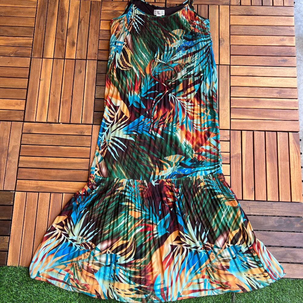 Robbie Bee Dress Womens 12 Pleated Drop Waist Maxi Lined Boho Tropical Summer